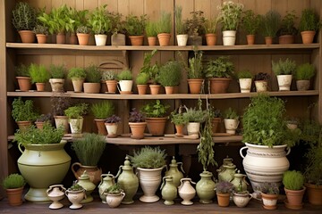 Fototapeta premium Apothecary Style Herb Kitchen Designs: Herb Identification Charts & Ceramic Pots Delight