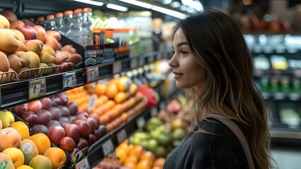 Woman shopping for discounted healthy fruit juice brand at a grocery store. Concept Grocery Shopping, Healthy Choices, Discounted Products, Fruit Juice, Shopping Strategies - obrazy, fototapety, plakaty