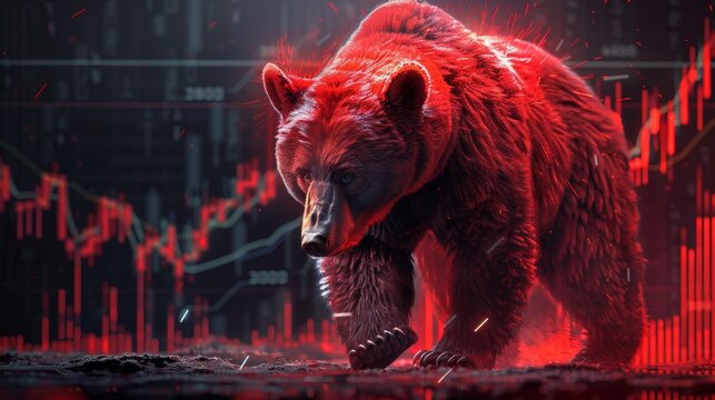 A red bear charging down, with stock market