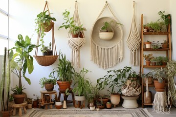 Fototapeta na wymiar Botanical Herbalist's Studio Inspirations: Macrame Plant Holders, Jute Rugs Delight