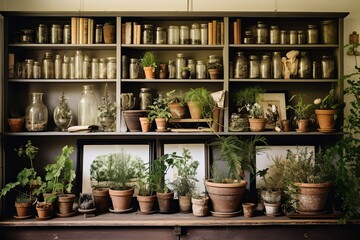 Wooden Shelves and Plant Identification Books: Botanical Herbalist's Studio Inspirations.