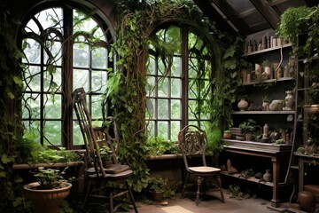 Fototapeta na wymiar Wrought Iron and Climbing Ivy: Botanical Inspirations from the Herbalist's Studio
