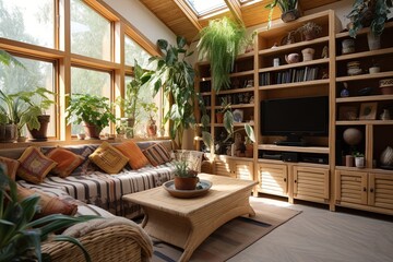 Eco-Friendly Earthship Living Room: Off-Grid Entertainment Unit with Sisal Area Rugs