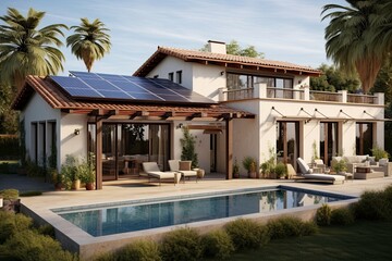 Fototapeta premium Modern Sustainable Home with Solar Panels and Pool