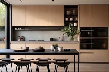 Fototapeta na wymiar Neutral Wooden Cabinet Kitchen with Minimalist Design
