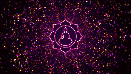 Abstract Digital Space Dark Shiny Purple Yellow Buddhism Dharmachakra Padma Symbol Border Frame With Glitter Sparkle Dots And Lines