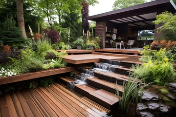 Floating Waterfall Garden: Wood Deck and Viewing Platforms - Enchanting Features - obrazy, fototapety, plakaty