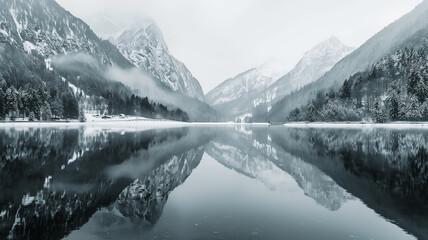 Photo of a mountain landscape with a mountain lake reflecting the entire scenery
