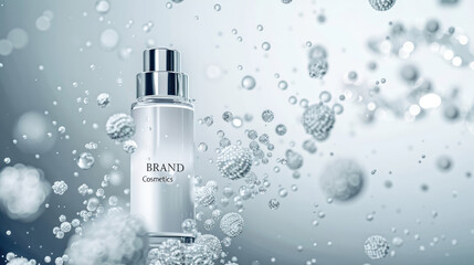 A white cosmetic bottle surrounded by silver molecules floating in the air, with "Brand" written on it and "Cosmetics"