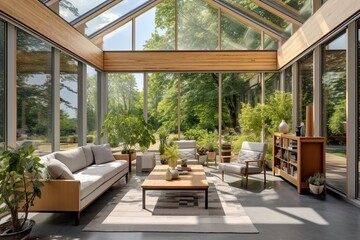Fototapeta premium Glasshouse Living Room with Forest View