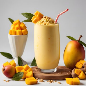 A glass of mango milkshake with some cubes and a straw on a white background.