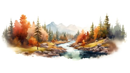 Watercolor autumn landscape with mountain river and forest. Vector illustration. - obrazy, fototapety, plakaty