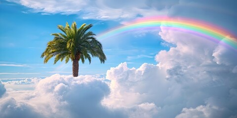Fototapeta na wymiar Surreal Palm Tree Emerging from Clouds with Vibrant Rainbow Arching Across Dreamlike Sky