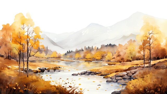 Watercolor autumn landscape with river, forest and mountains. Digital painting.