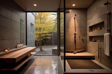 Luxurious Bathroom with Autumn View and Natural Wood