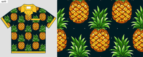 Hawaiian Summer Fashion, Pineapple Seamless Pattern background, Abstract Fruit Artwork on Shirt Mockup in Tropical Paradise, Screen clothes season theme.