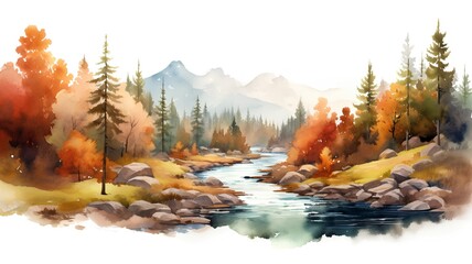 Watercolor autumn landscape with river, forest and mountains. Hand drawn illustration