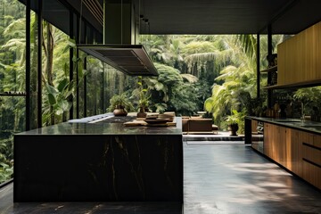 Tropical Modern Luxe Kitchen Overlooking Tropical Forest Backdrop