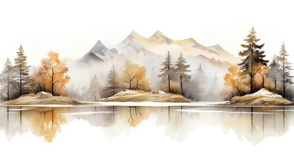 Mountain landscape with lake, forest and mountains. Watercolor illustration.