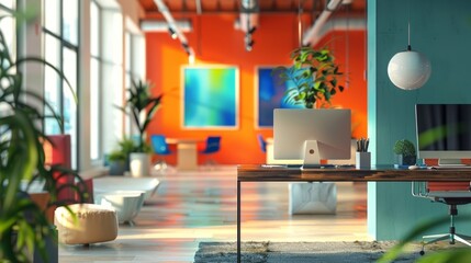 With defocused backgrounds showcasing the colorful interiors its clear that these modern office spaces are designed to inspire productivity and foster a sense of community a coworkers. .