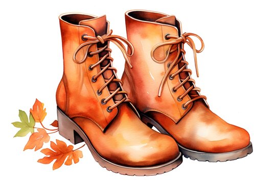 Beautiful vector image with nice watercolor hand drawn boots and autumn leaves