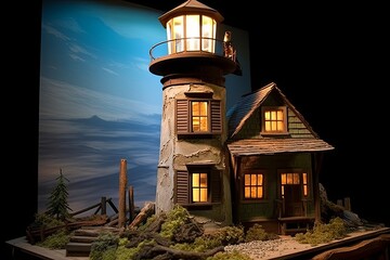Naklejka premium Lighthouse Model Dream: Ocean View Window in Keeper's Cottage Concept