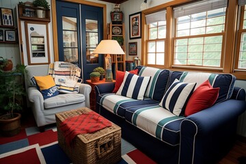 Navy Blue Couch in Lighthouse Keeper's Cottage: Maritime Signal Flags Inspiration