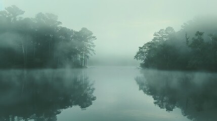 Misty morning scene with fog rising above a serene water body - obrazy, fototapety, plakaty