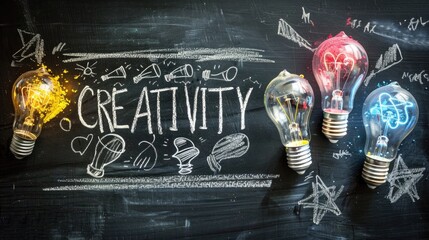 Hand drawn chalk lettering CREATIVITY on blackboard next to glowing light bulbs symbolizing idea generation and brainstorming