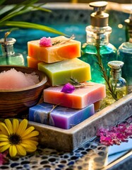 A colorful spa retreat scene with colorful soap bars incorporated into relaxing bath rituals