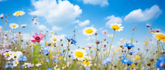 Beautiful meadow close-up of small white, pink and blue daisy blooming flowers on cloudy sky and spring summer day background. Colorful and bright natural pastoral landscape.