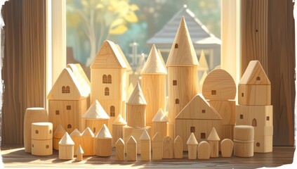 Obraz premium Symmetrical Wooden Toy Houses Illuminated by Natural Light in Blurry Urban Background