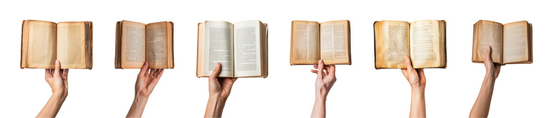 Collection of hand holding open old antique books isolated on a transparent background, PNG