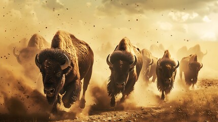 A herd of bison kicking up dust as they stampede across the open prairie, their massive forms thundering by - obrazy, fototapety, plakaty