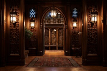 Fototapeta premium Neo-Gothic Castle Foyer: Antique Tapestry Wall Hangings & Sconce Lights Inspiration