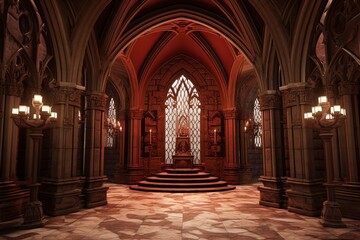 Obraz premium Trefoil-Inspired Neo-Gothic Castle Foyer: Marble Statuettes and Gothic Designs