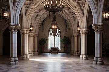 Obraz premium Grand Chandeliers and Stone Columns: Neo-Gothic Castle Foyer Concepts