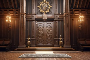 Fotobehang Neo-Gothic Castle Foyer Concepts: Heavy Wooden Doors and Coat of Arms Decor © Michael