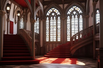 Fototapeta na wymiar Oriel Windows and Plush Red Carpets: Neo-Gothic Castle Foyer Concepts