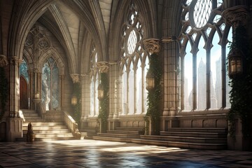 Neo-Gothic Castle Foyer Concepts: Stone Masonry Walls and Lancet Windows Interplay