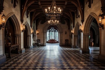 Obraz premium Wrought Iron Chandeliers and Stone Floors: Neo-Gothic Castle Foyer Concepts