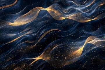Abstract Golden Swirls and Particles Against a Deep Blue Backdrop - 791284787