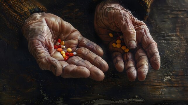 A pair of old hands holds a handful of medicine