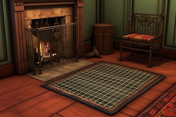 Fototapeta premium Wrought Iron Fireplace Screen and Hearth Rug: Revolutionary War Era Study Room Concepts