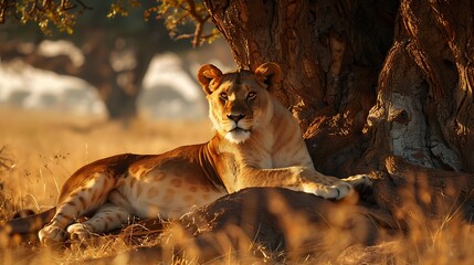 A majestic lioness resting under the shade of an acacia tree in the African savanna