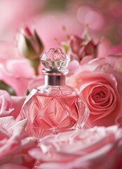 Elegant Perfume Bottle Surrounded by Delicate Pink Roses and Petals