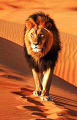 Majestic Male Lion Striding Confidently Across the Sahara Desert at Sunset