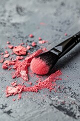 A black makeup brush with its bristles coated in orange powder lies diagonally on a textured grey surface, surrounded by scattered particles and chunks of crushed cosmetic powder.