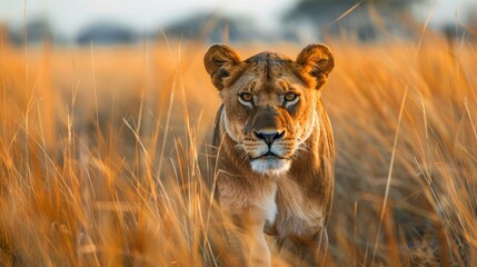 A lion prowls amid tall grass in the wild