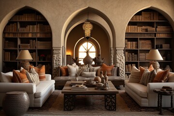 Desert Hues Caravanserai: Silk Road Living Room with Archway Bookshelves - obrazy, fototapety, plakaty